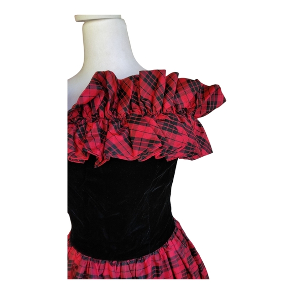 Vintage Prago Plaid Off The Shoulder Ruffle Trim Midi Length Dress Size 8 - Picture 4 of 10